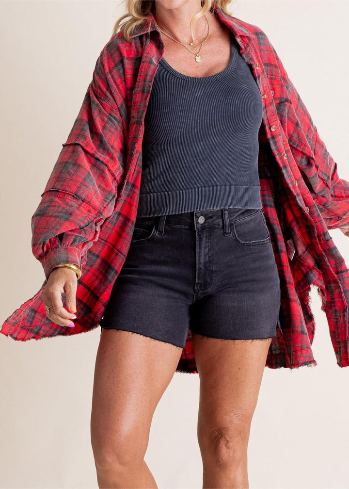 Blanka | Veste en flanelle rétro oversize au style élégant avec bords bruts et poches pratiques