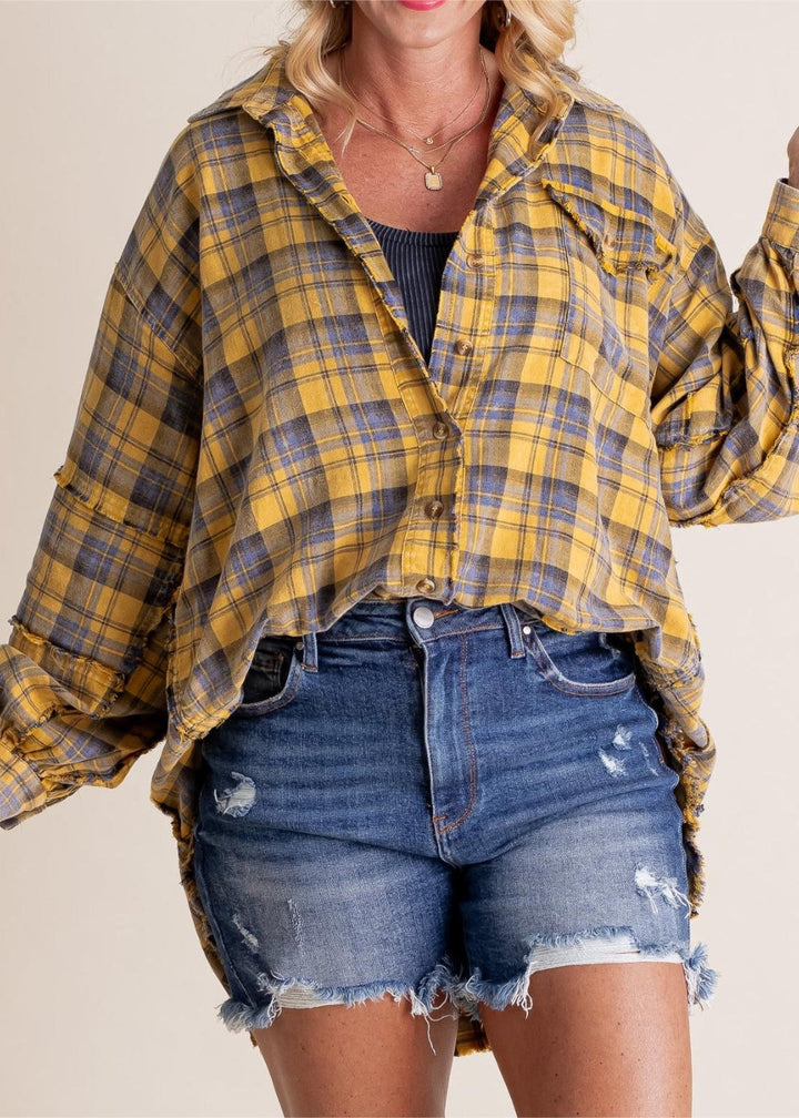 Blanka | Veste en flanelle rétro oversize au style élégant avec bords bruts et poches pratiques