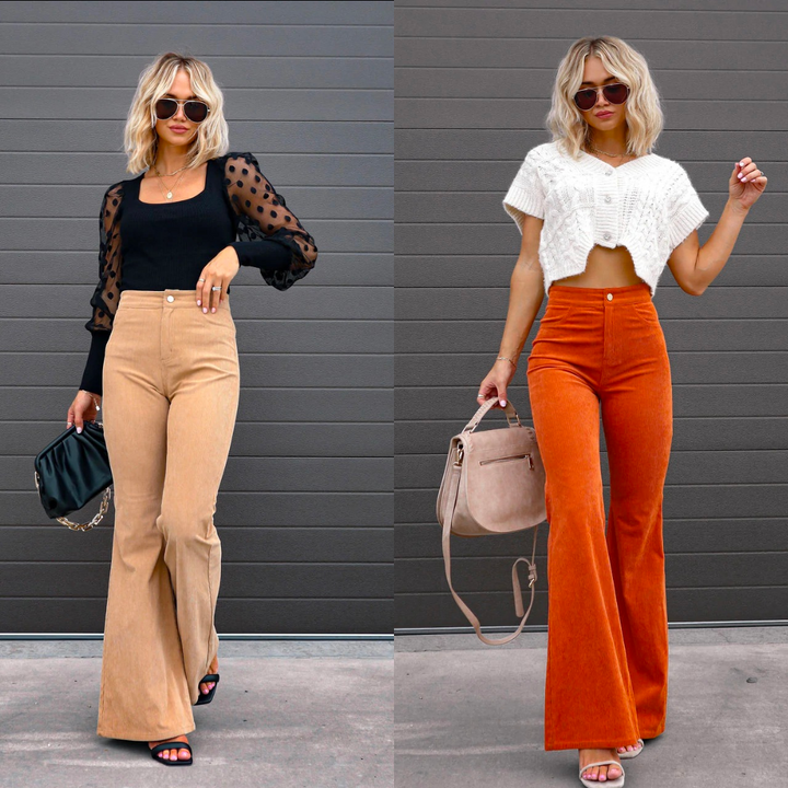 Chic Rétro - Pantaloons en Velours Côtelé Élastique Taille Haute Flare Luxueux