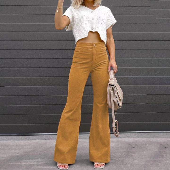 Chic Rétro - Pantaloons en Velours Côtelé Élastique Taille Haute Flare Luxueux
