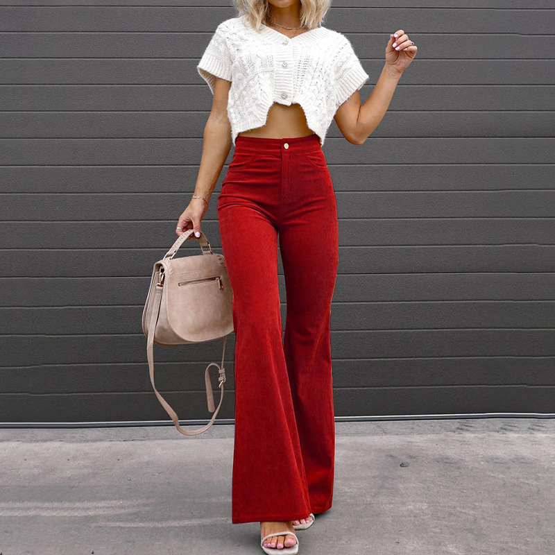 Chic Rétro - Pantaloons en Velours Côtelé Élastique Taille Haute Flare Luxueux