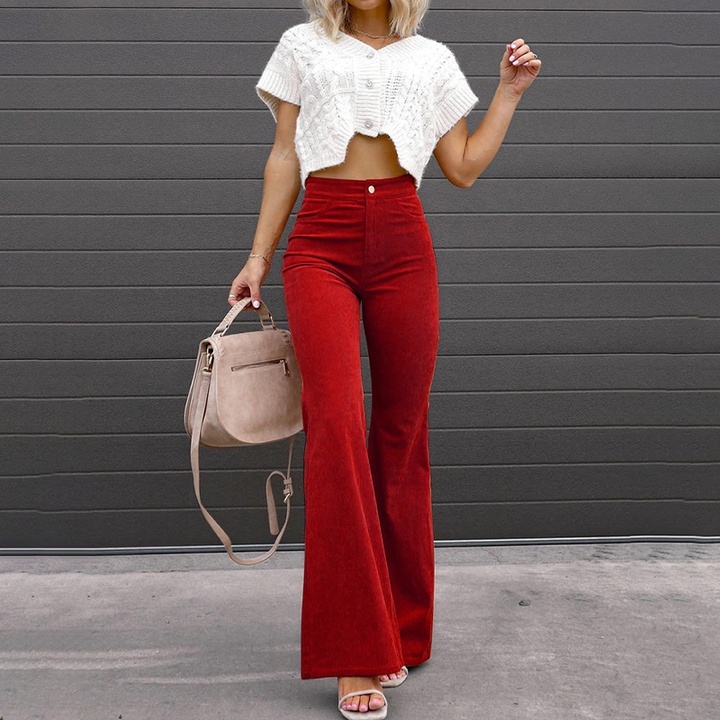Chic Rétro - Pantaloons en Velours Côtelé Élastique Taille Haute Flare Luxueux