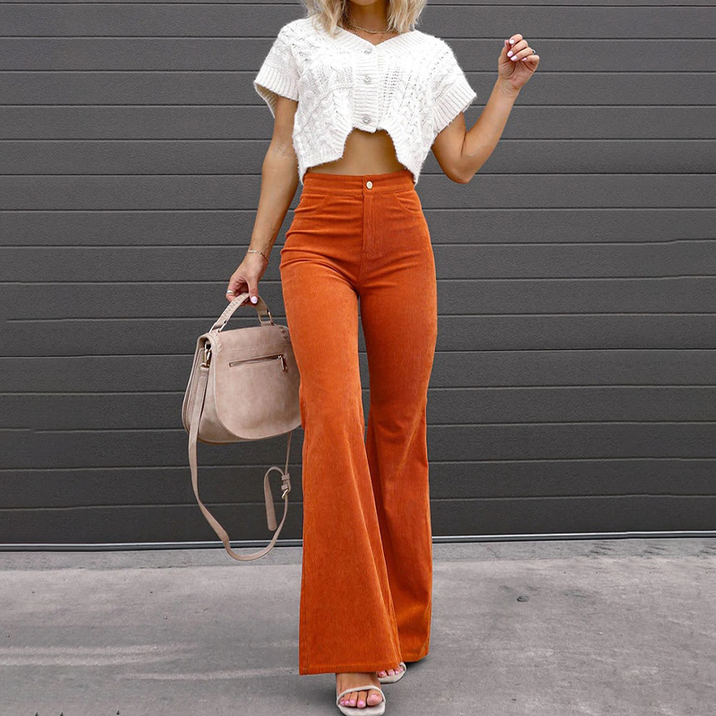 Chic Rétro - Pantaloons en Velours Côtelé Élastique Taille Haute Flare Luxueux