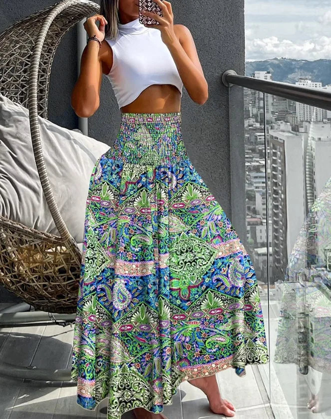 Isalina - Jupe maxi bohème élégante avec imprimé paisley bohémien pour un look décontracté et tendance.
