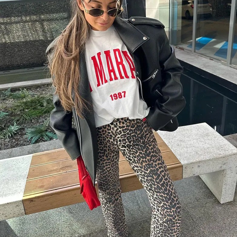 Bonnie - Jeans rétro à imprimé léopard pour un look ludique