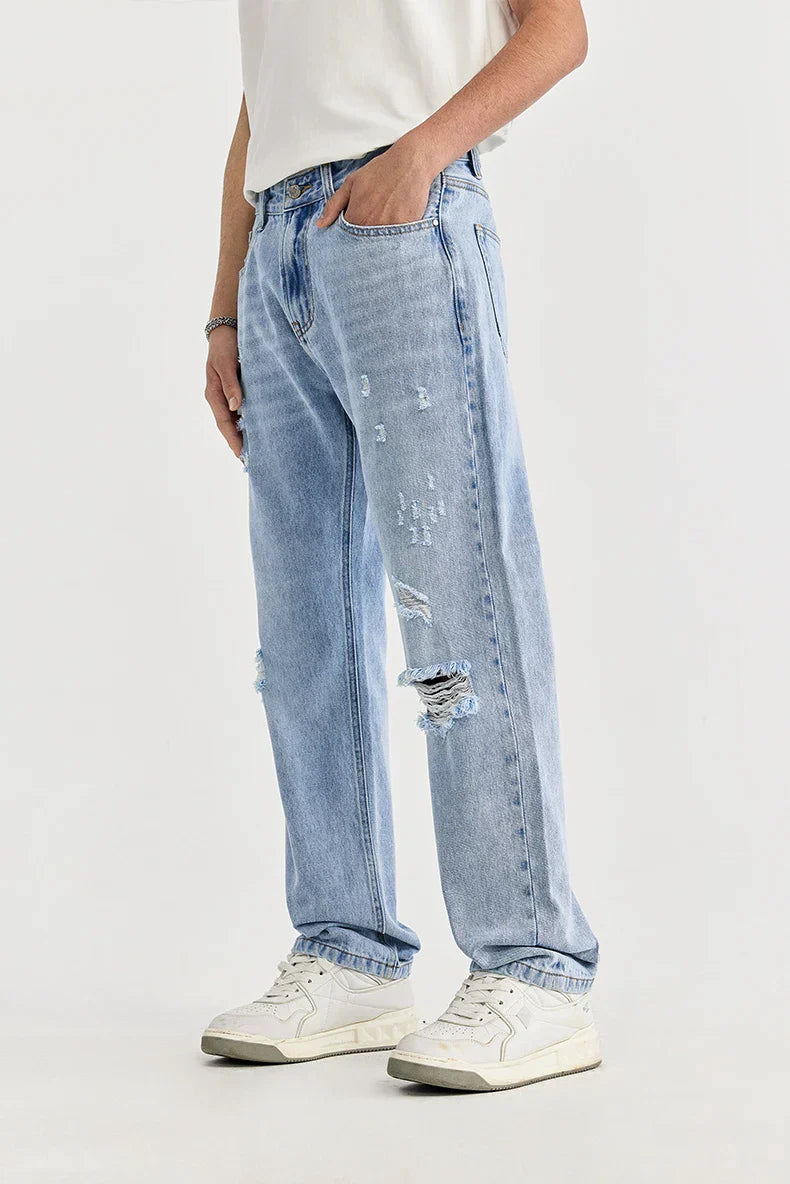 Jeans Slim Fit Élégants en Bleu avec un Look Usé Unique