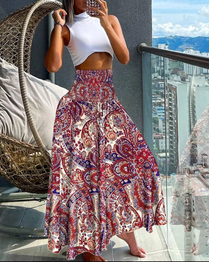 Isalina - Jupe maxi bohème élégante avec imprimé paisley bohémien pour un look décontracté et tendance.