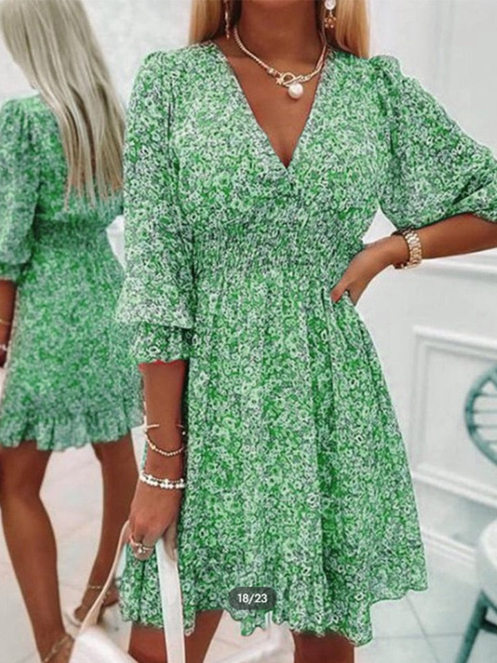 Zanna | Robe midi élégante à col en V pour femmes avec manches 3/4 - Parfaite pour le printemps et l'été