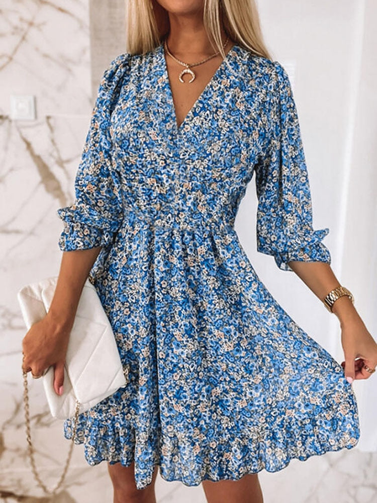 Zanna | Robe midi élégante à col en V pour femmes avec manches 3/4 - Parfaite pour le printemps et l'été