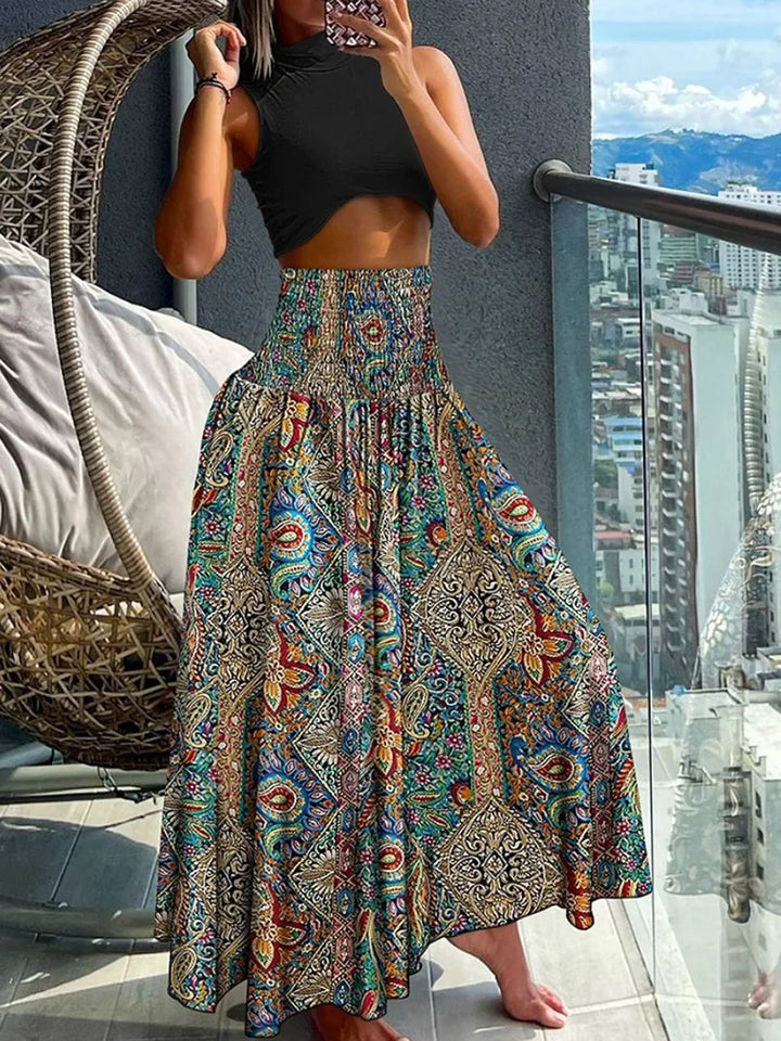Isalina - Jupe maxi bohème élégante avec imprimé paisley bohémien pour un look décontracté et tendance.