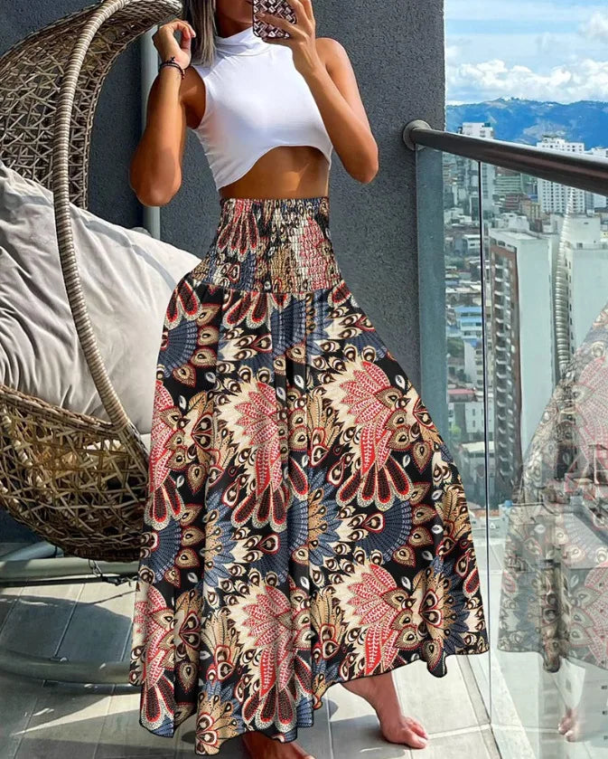 Isalina - Jupe maxi bohème élégante avec imprimé paisley bohémien pour un look décontracté et tendance.