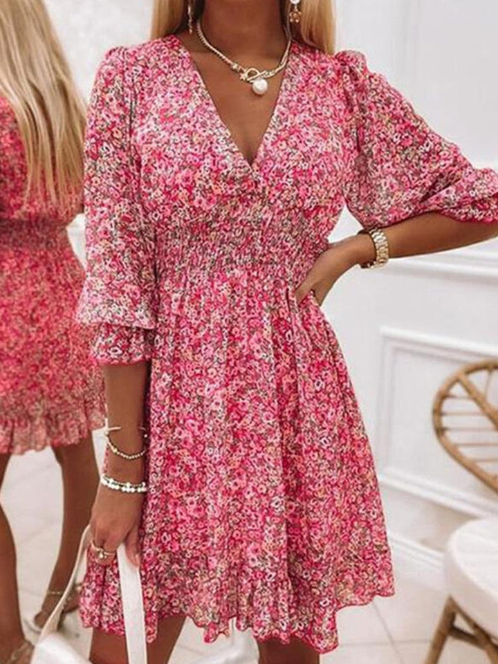 Zanna | Robe midi élégante à col en V pour femmes avec manches 3/4 - Parfaite pour le printemps et l'été