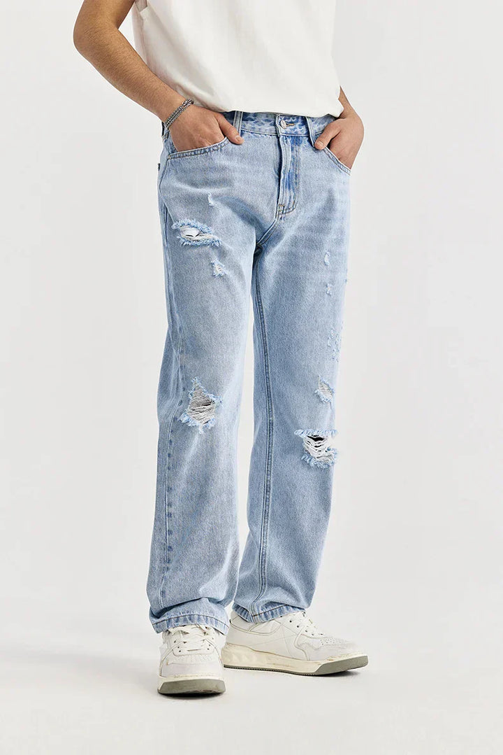 Jeans Slim Fit Élégants en Bleu avec un Look Usé Unique