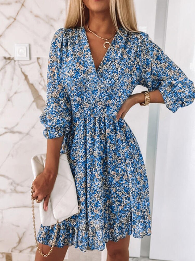 Zanna | Robe midi élégante à col en V pour femmes avec manches 3/4 - Parfaite pour le printemps et l'été
