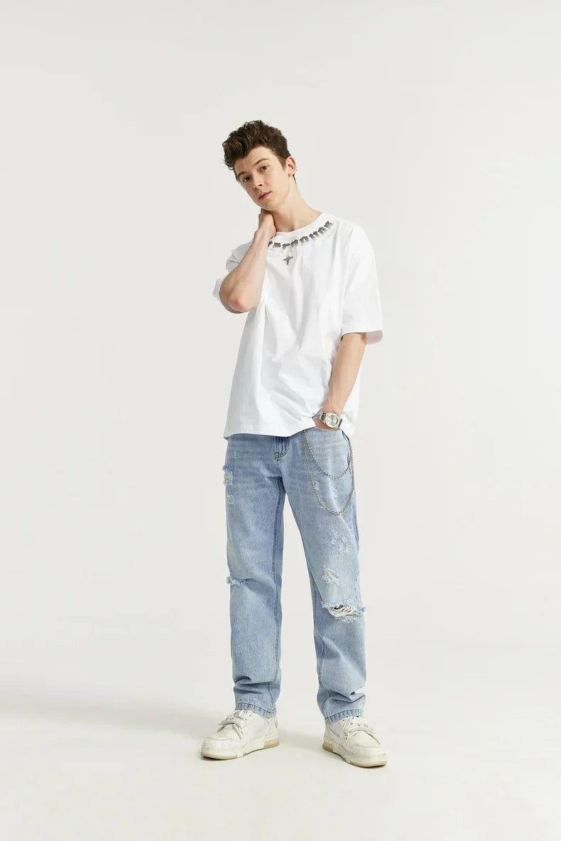 Jeans Slim Fit Élégants en Bleu avec un Look Usé Unique