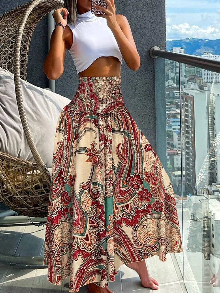 Isalina - Jupe maxi bohème élégante avec imprimé paisley bohémien pour un look décontracté et tendance.