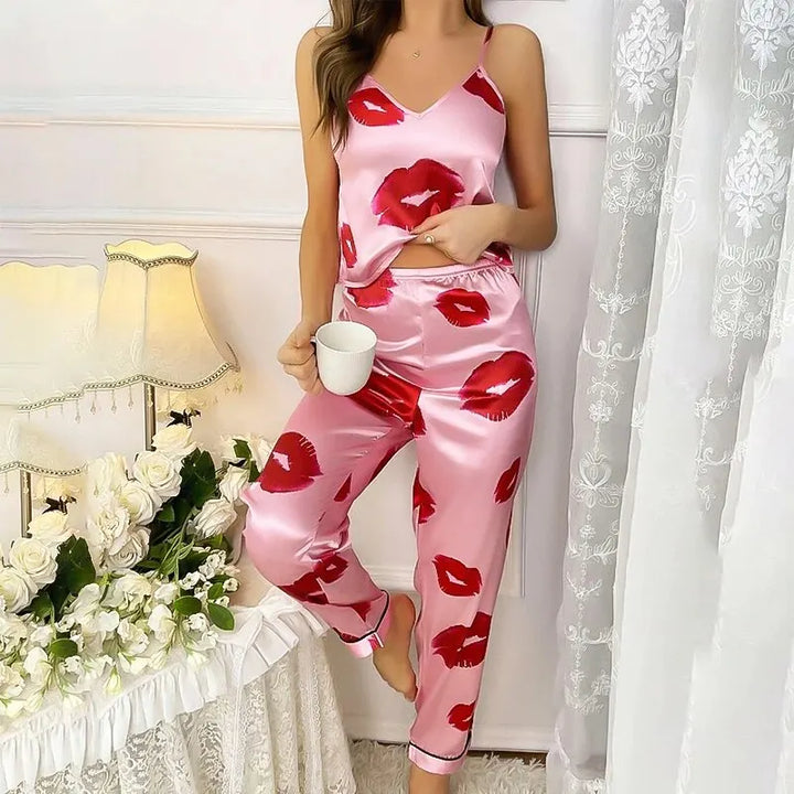 Rhea - Ensemble pyjama de luxe en satin imprimé lèvres pour femme