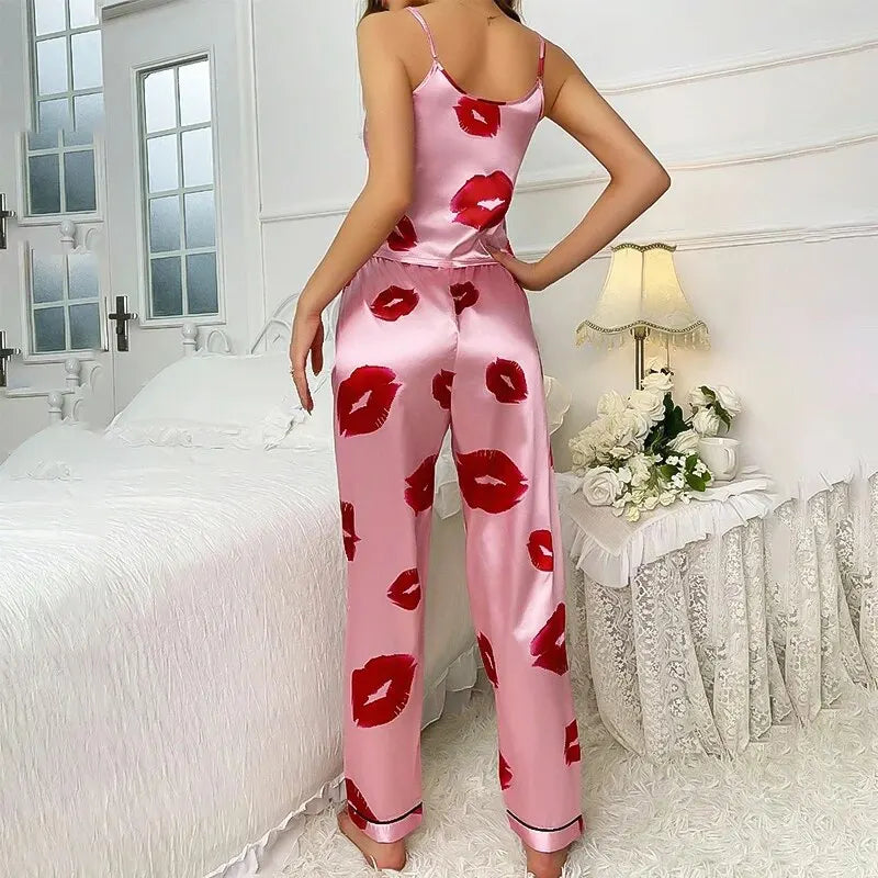 Rhea - Ensemble pyjama de luxe en satin imprimé lèvres pour femme