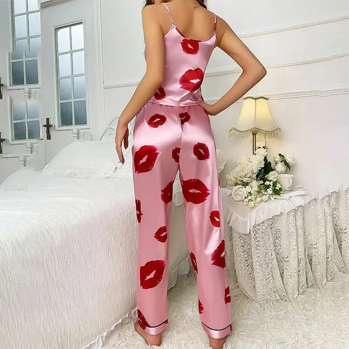 Rhea - Ensemble pyjama de luxe en satin imprimé lèvres pour femme