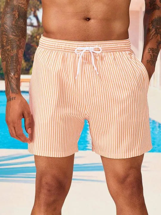 Short de bain pour hommes avec un motif rayé élégant - Ceinture élastique confortable avec cordon de serrage - Design à séchage rapide