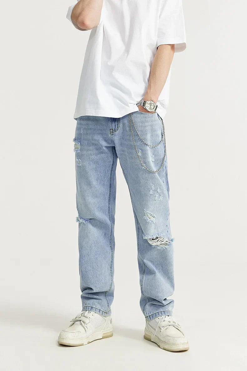 Jeans Slim Fit Élégants en Bleu avec un Look Usé Unique