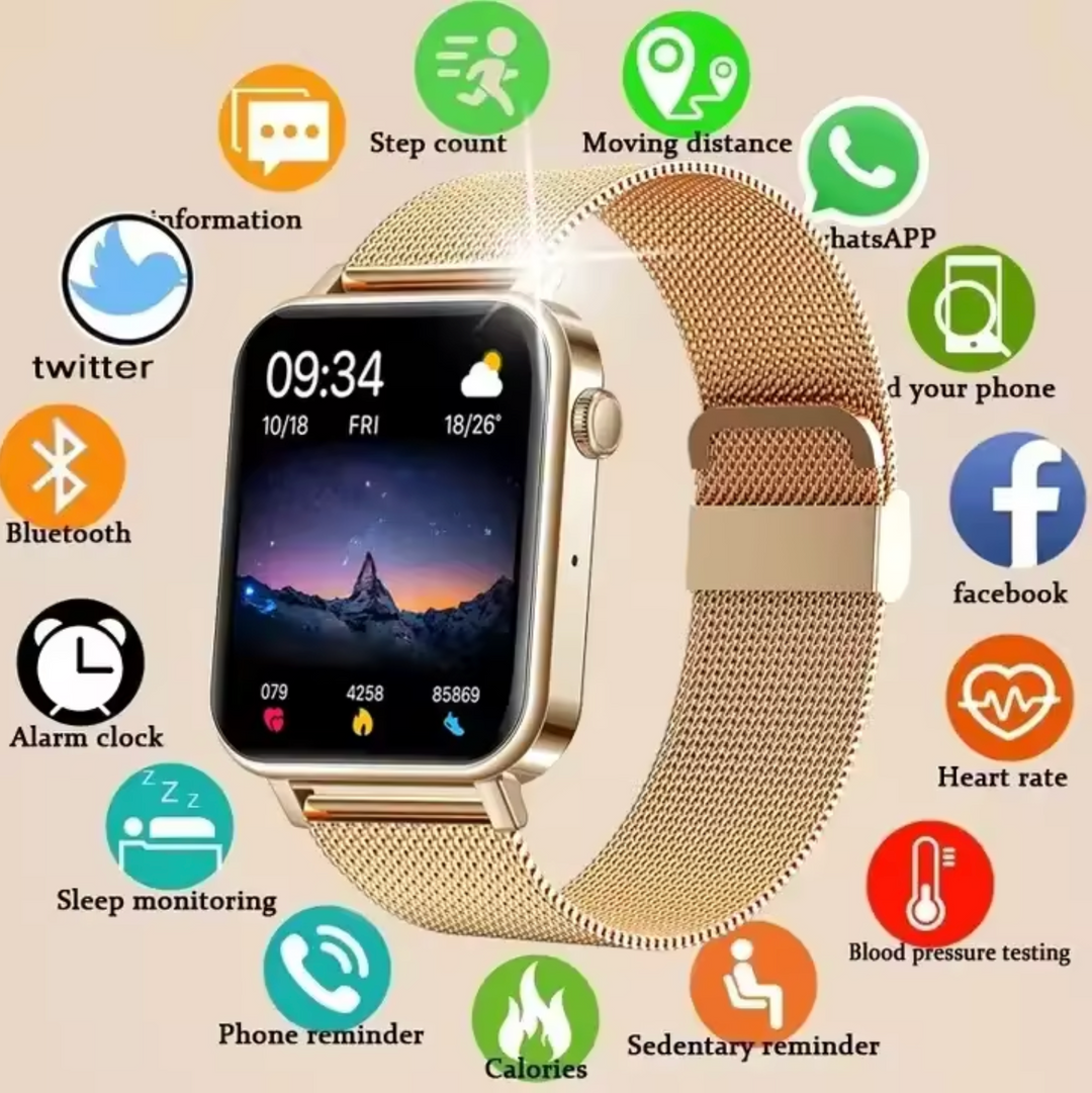 LuxeTime | Montre intelligente élégante pour femmes avec tracker d'activité, moniteur de fréquence cardiaque et design chic.