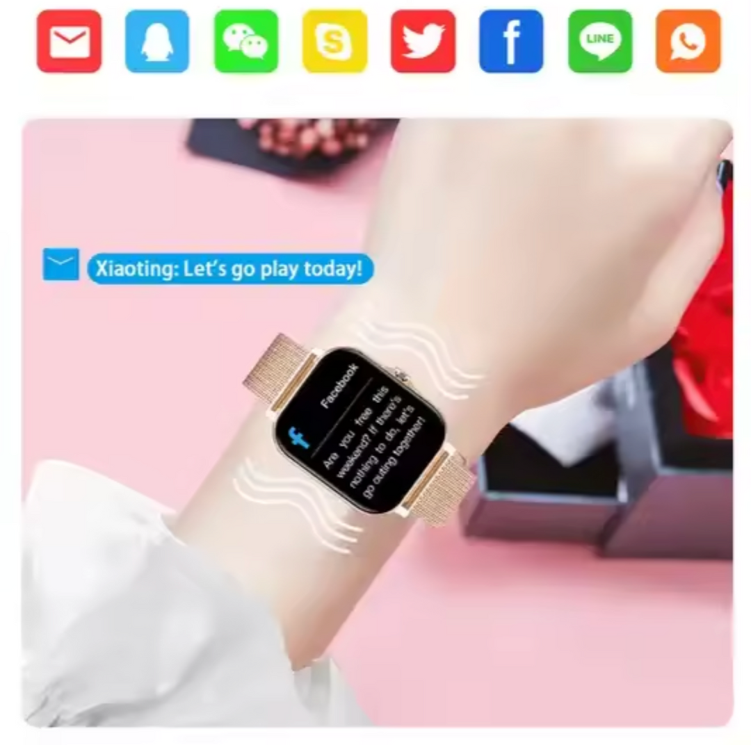 LuxeTime | Montre intelligente élégante pour femmes avec tracker d'activité, moniteur de fréquence cardiaque et design chic.