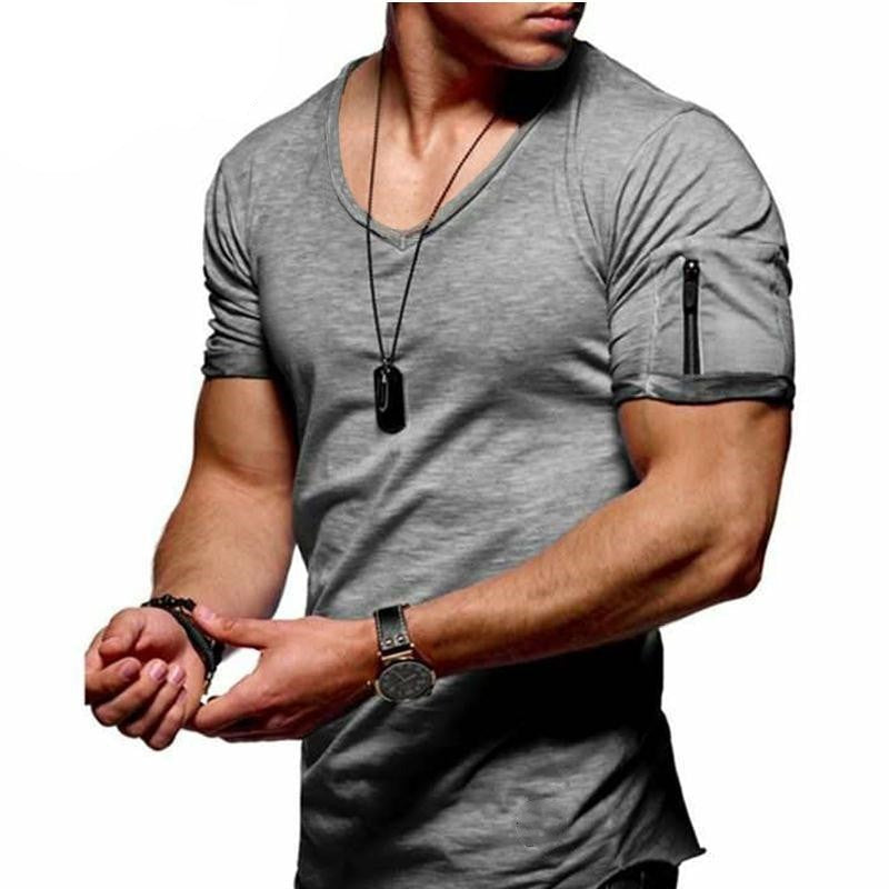 T-shirt élégant pour hommes avec col en V et détails modernes à fermeture éclair.