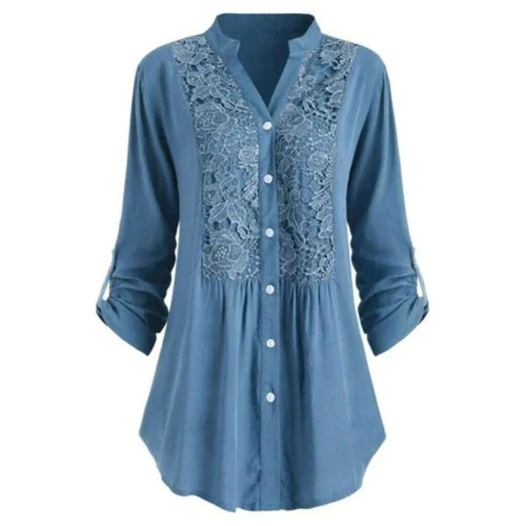 Blouse Élégante en Tissu Heather Brodé à Manches Longues avec Fermeture Boutonnée pour Femmes