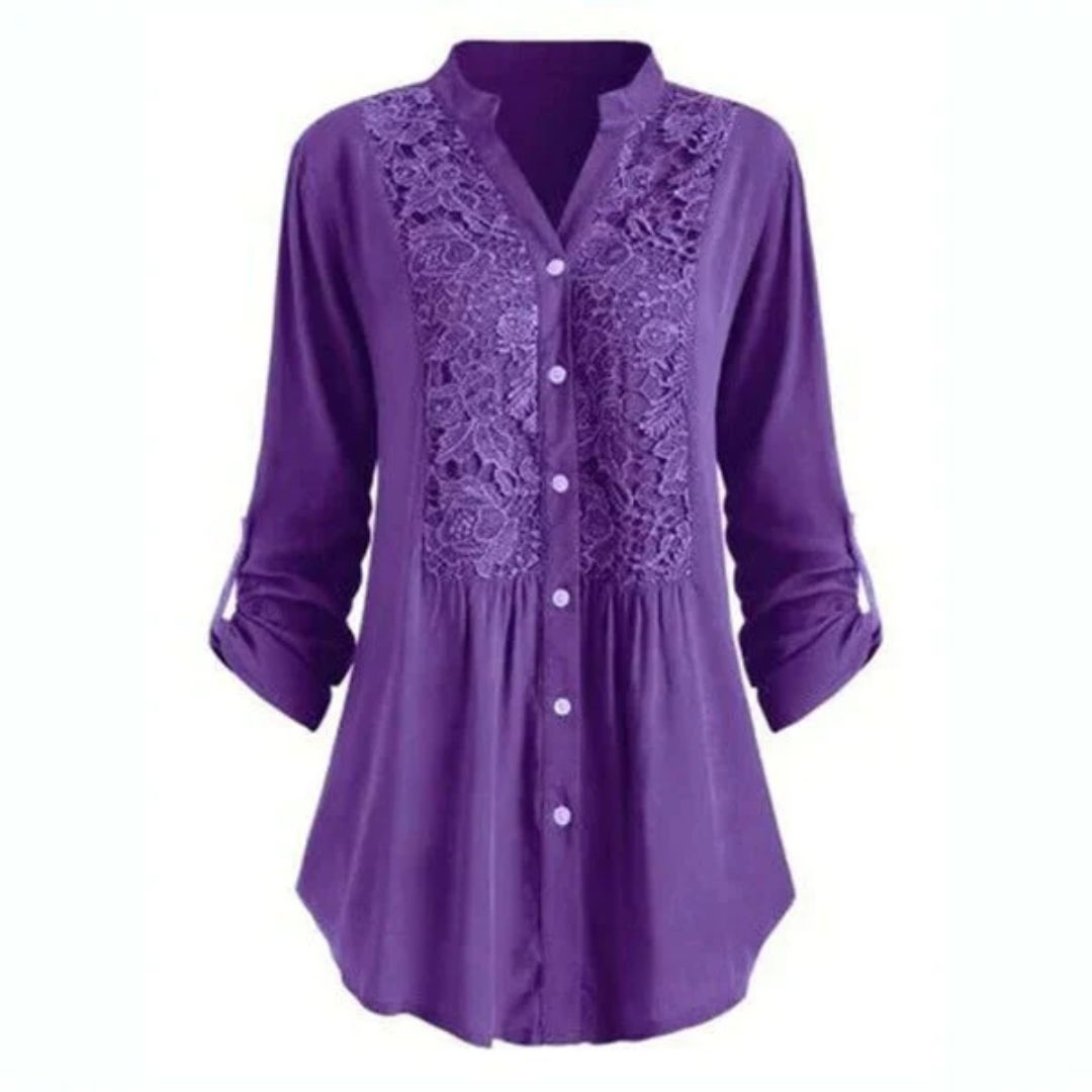 Blouse Élégante en Tissu Heather Brodé à Manches Longues avec Fermeture Boutonnée pour Femmes