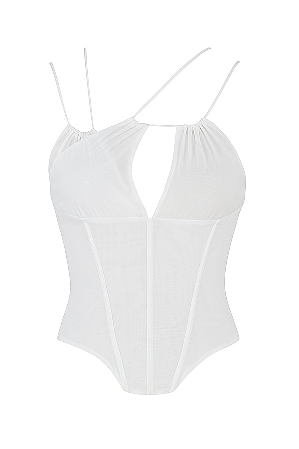 Corset en chiffon élégant avec des bretelles stylées et une mini-jupe flottante pour un look raffiné.