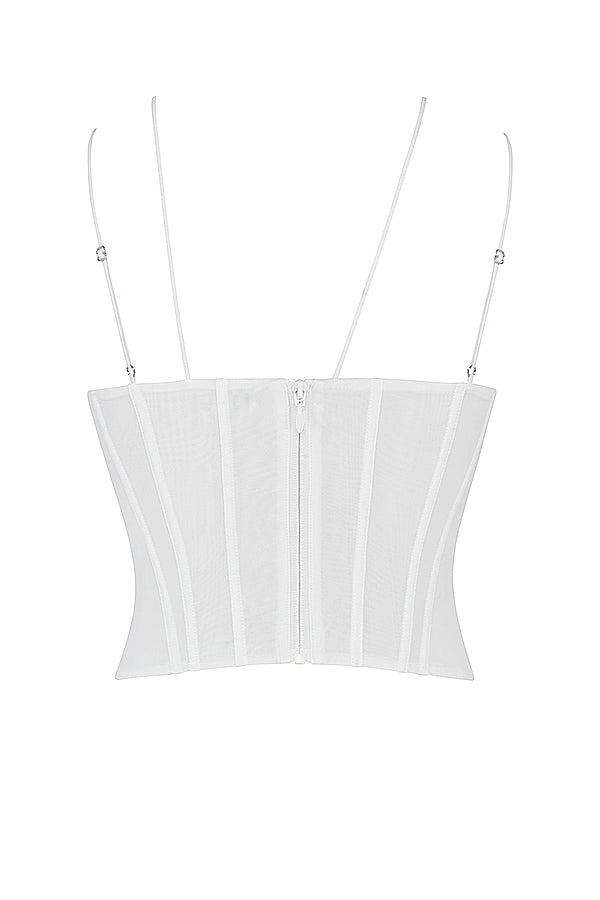 Corset en chiffon élégant avec des bretelles stylées et une mini-jupe flottante pour un look raffiné.
