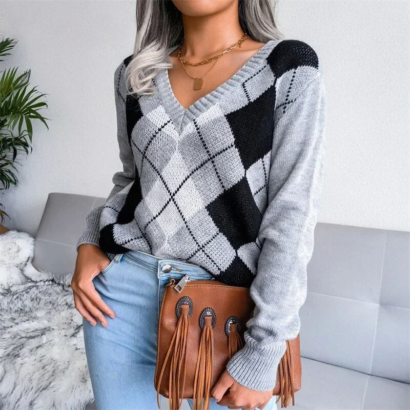 Sweet - Pull tricoté à col et V à la mode pour un look élégant