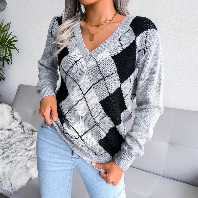 Sweet - Pull tricoté à col et V à la mode pour un look élégant