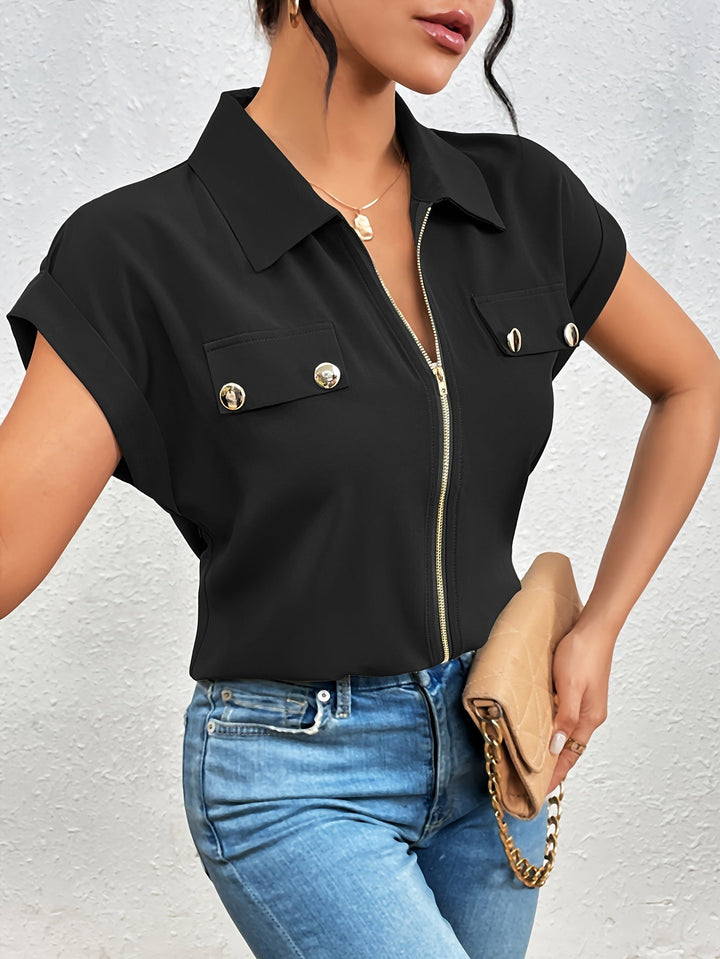 Vedis Élégante Blouse pour Femmes avec Fermeture Éclair - Haut à Manches Courtes Élégant avec Col Revers