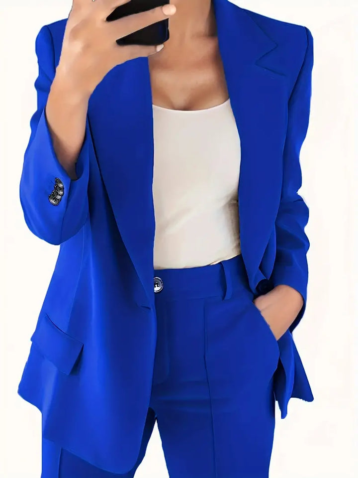 Marie - Élégant blazer à lapel et pantalon évasé à la mode - Ensemble complet avec fermeture à boutons