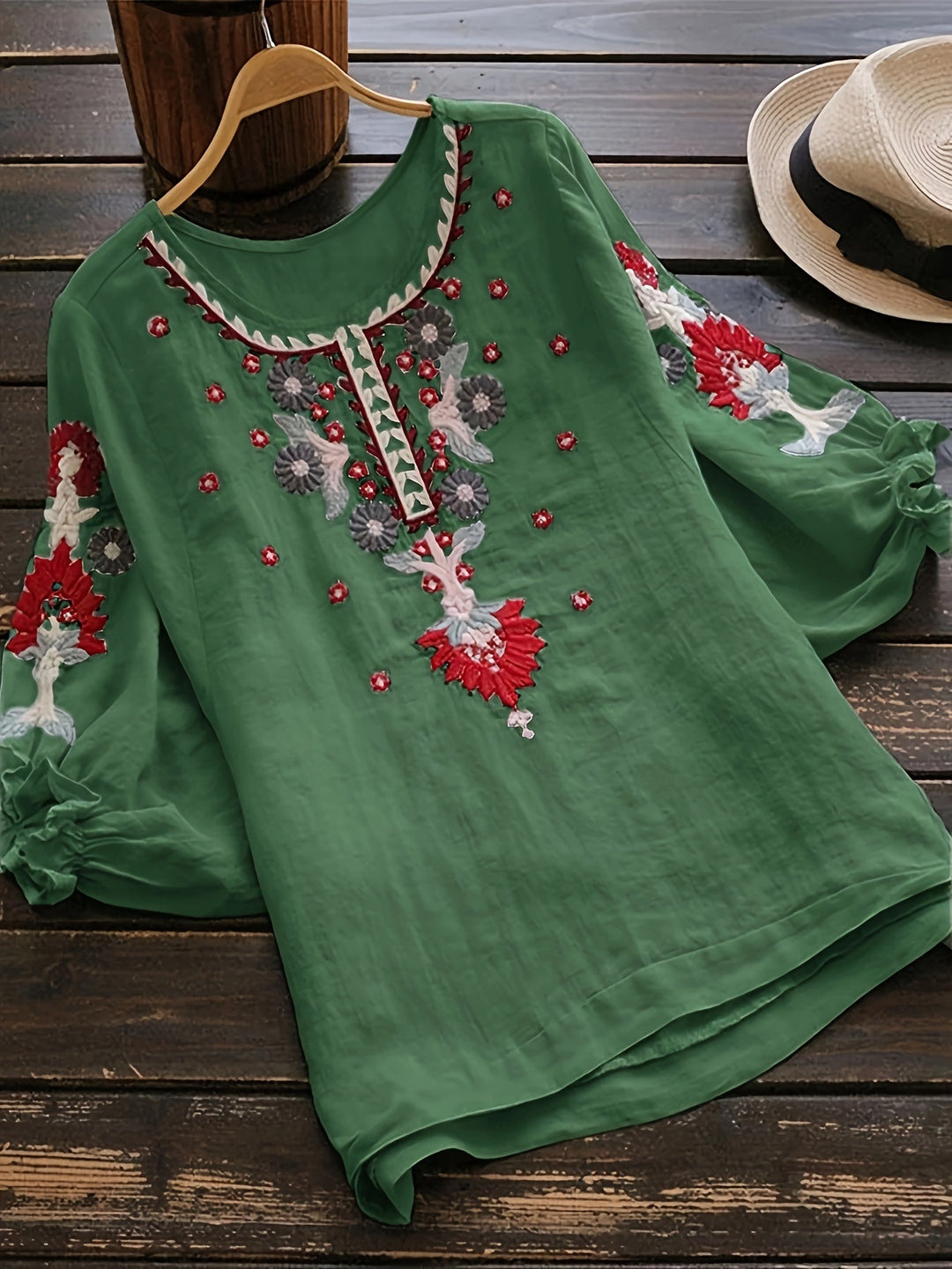 Slavenka Embroidered Floral Blouse - Plus Size, Stylish Casual Short Sleeve Top