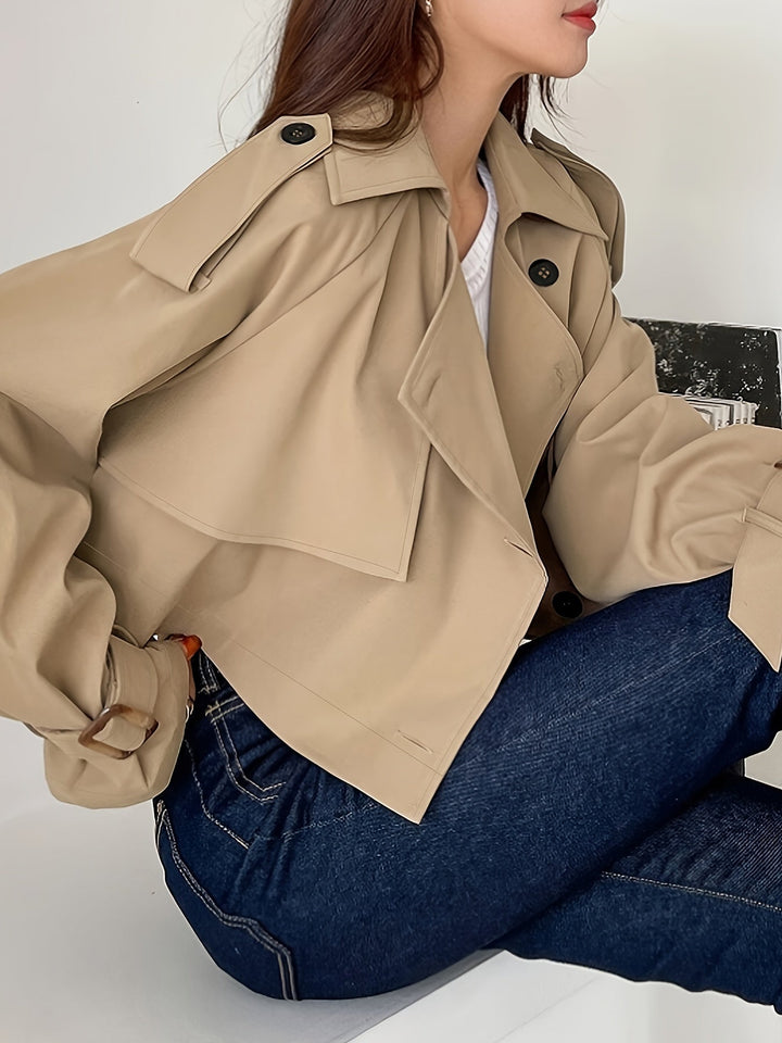 Evelyn - Trench-coat kaki stylé avec col à revers et fermeture à plumes chic pour femme