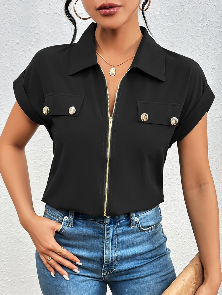 Vedis Élégante Blouse pour Femmes avec Fermeture Éclair - Haut à Manches Courtes Élégant avec Col Revers
