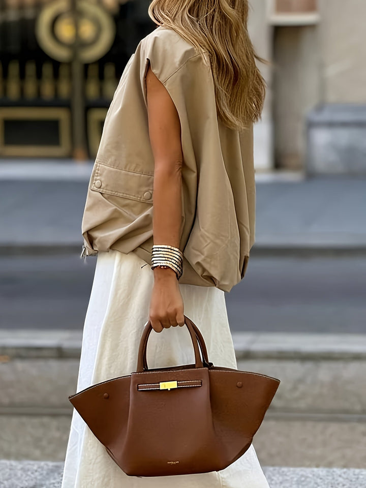 Faiga | Élégant gilet sans manches beige pour femmes avec poches pratiques