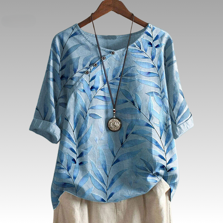 Esmeralda | Blouse élégante avec imprimé feuilles et manches 1/4 avec détail de bouton pour femmes - Chemisier décontracté et stylé inspiré par la nature