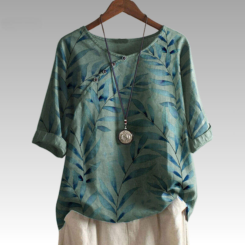 Esmeralda | Blouse élégante avec imprimé feuilles et manches 1/4 avec détail de bouton pour femmes - Chemisier décontracté et stylé inspiré par la nature