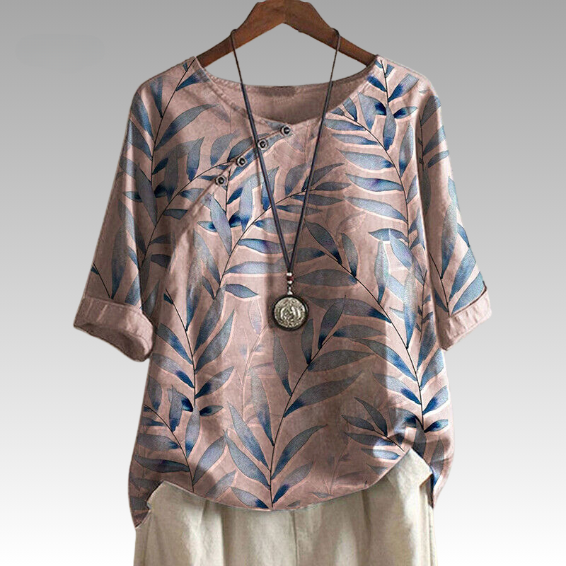 Esmeralda | Blouse élégante avec imprimé feuilles et manches 1/4 avec détail de bouton pour femmes - Chemisier décontracté et stylé inspiré par la nature