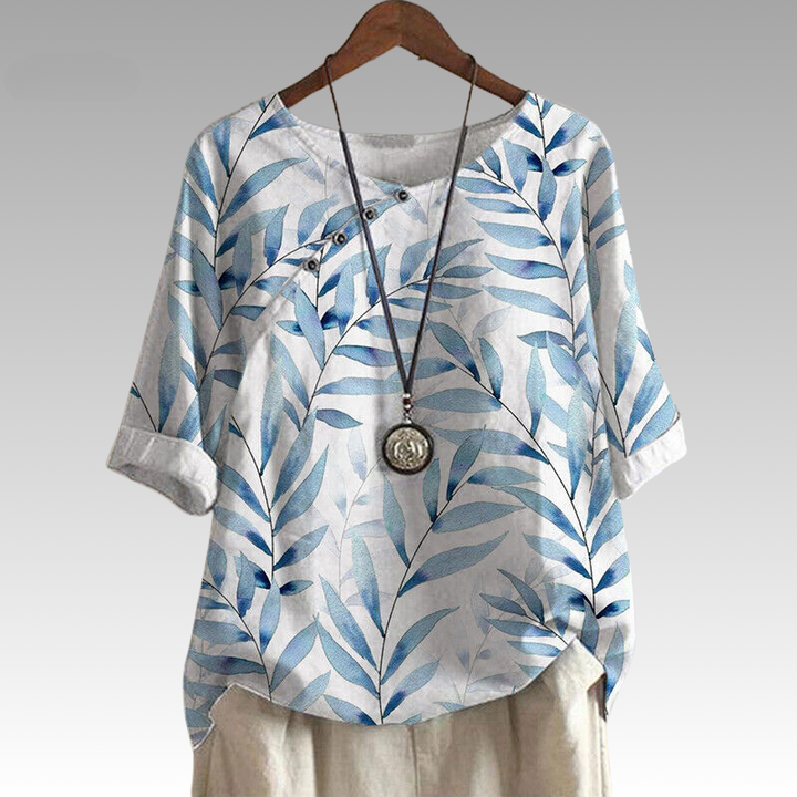 Esmeralda | Blouse élégante avec imprimé feuilles et manches 1/4 avec détail de bouton pour femmes - Chemisier décontracté et stylé inspiré par la nature