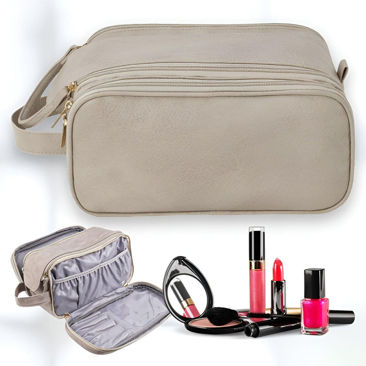 Trousse de maquillage de luxe avec double fermeture à glissière et compartiments pratiques organisés pour un look de toilette élégant