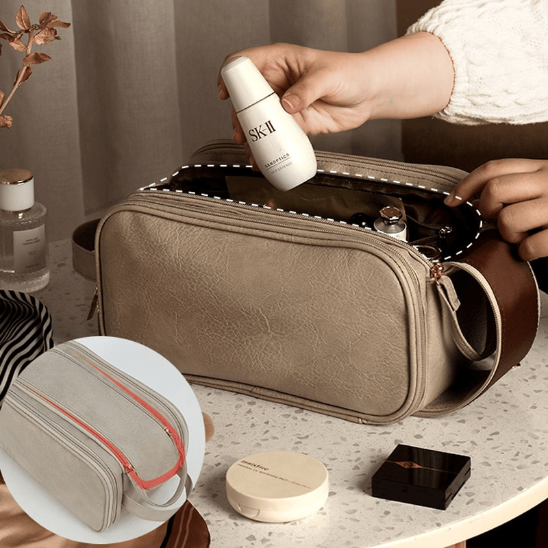 Trousse de maquillage de luxe avec double fermeture à glissière et compartiments pratiques organisés pour un look de toilette élégant