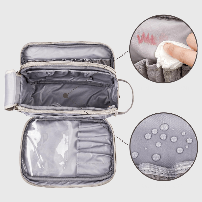 Trousse de maquillage de luxe avec double fermeture à glissière et compartiments pratiques organisés pour un look de toilette élégant