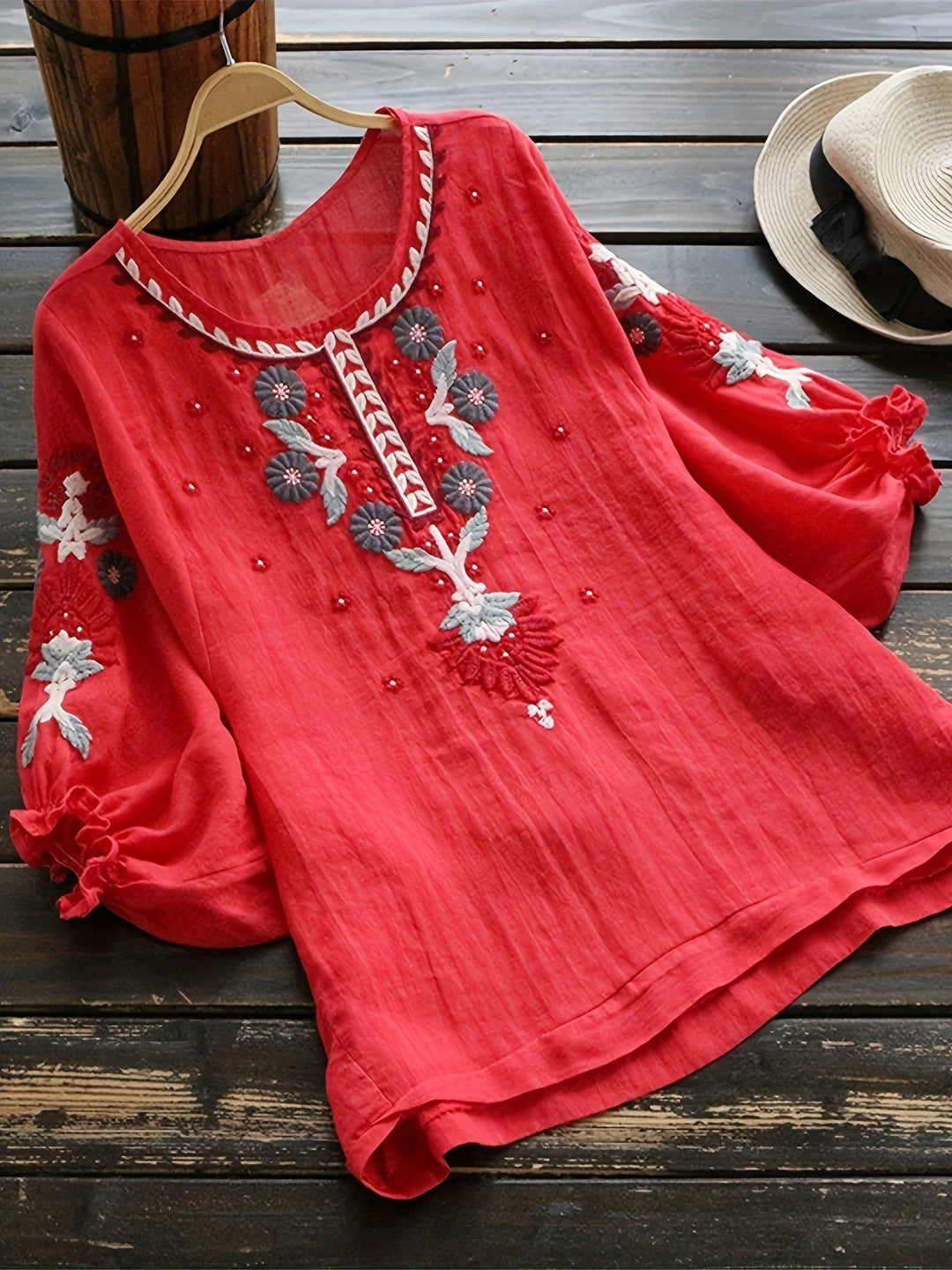 Slavenka Embroidered Floral Blouse - Plus Size, Stylish Casual Short Sleeve Top