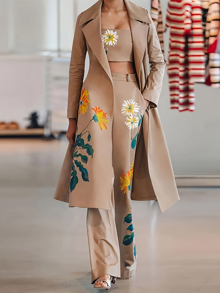 Brynja | Ensemble Élégant Femme avec Imprimé Floral - 3 pièces : Manteau Long, Top Sans Manches et Pantalon Ample pour des Looks Stylés