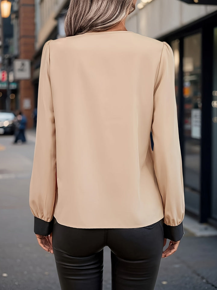 Blouse Élégante Myrthel pour Femmes à Manches Longues, Col en V, Détails Contrastants et Fermeture Éclair